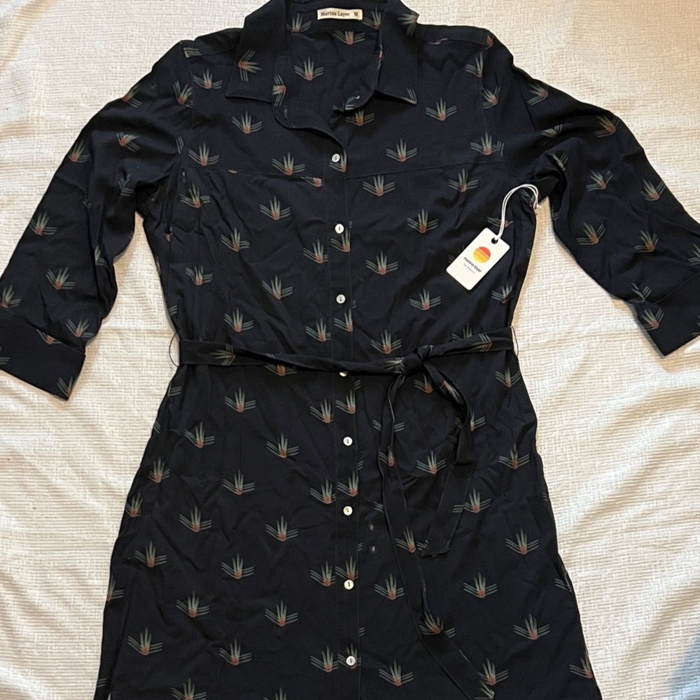 Marine Layer Black Long Sleeve Shirt Dress with Subtle Multicolor Print